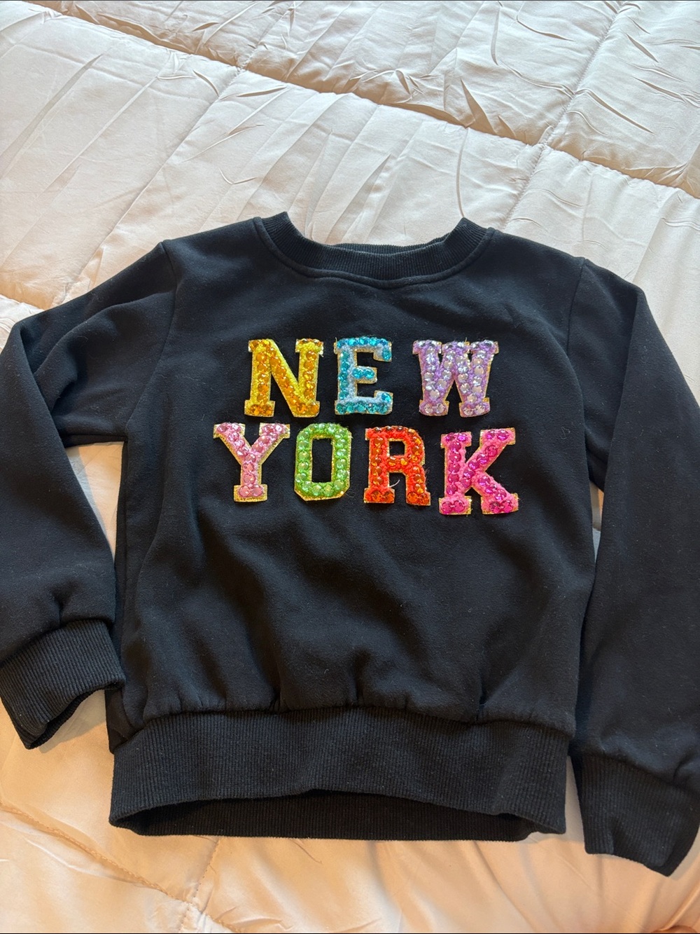Lola + The Boys Black Sweatshirt with Multicolor Sequin NEW YORK Letters